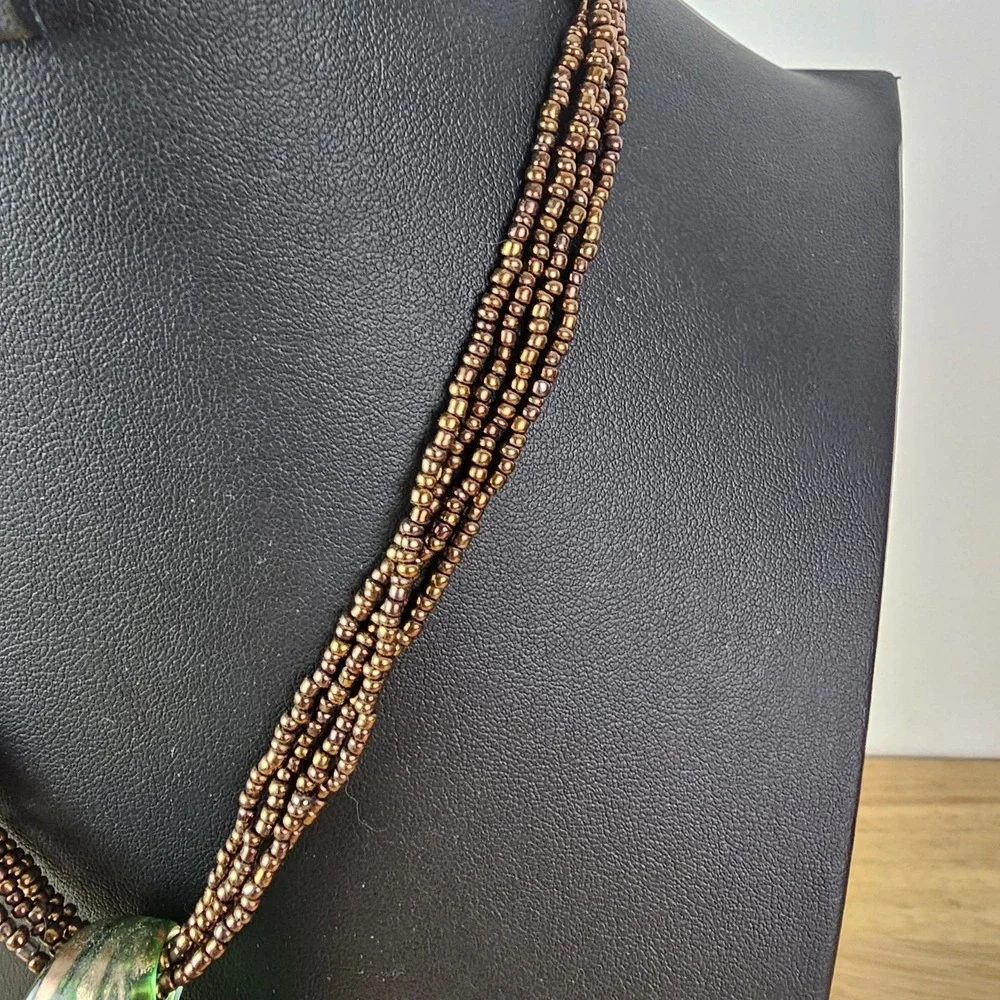 Artisian Glass Leaf Pendant Green Swirl Shimmer Brown‎ Beaded Necklace Bohemian